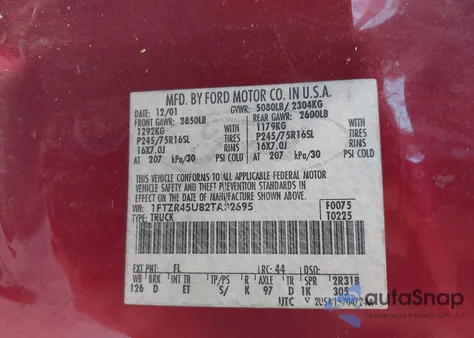 2002 Ford Ranger Edge/Xlt из США, поврежденный, VIN 1FTZR45U82TA32695